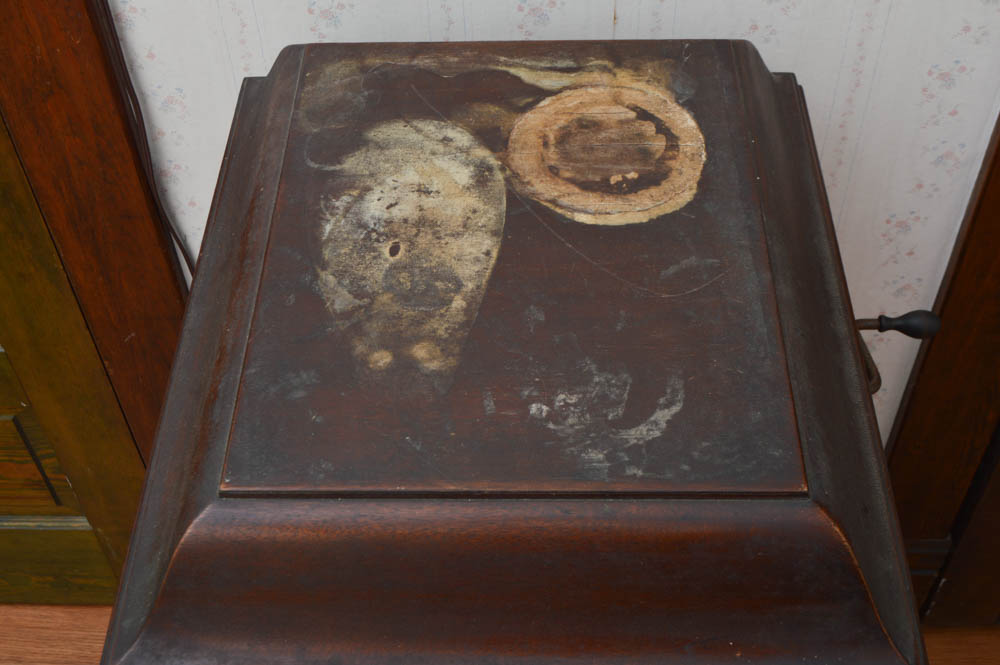 Early Victrola Record Player with Crank and a Box of Antique Albums