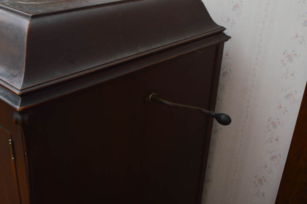 Early Victrola Record Player with Crank and a Box of Antique Albums