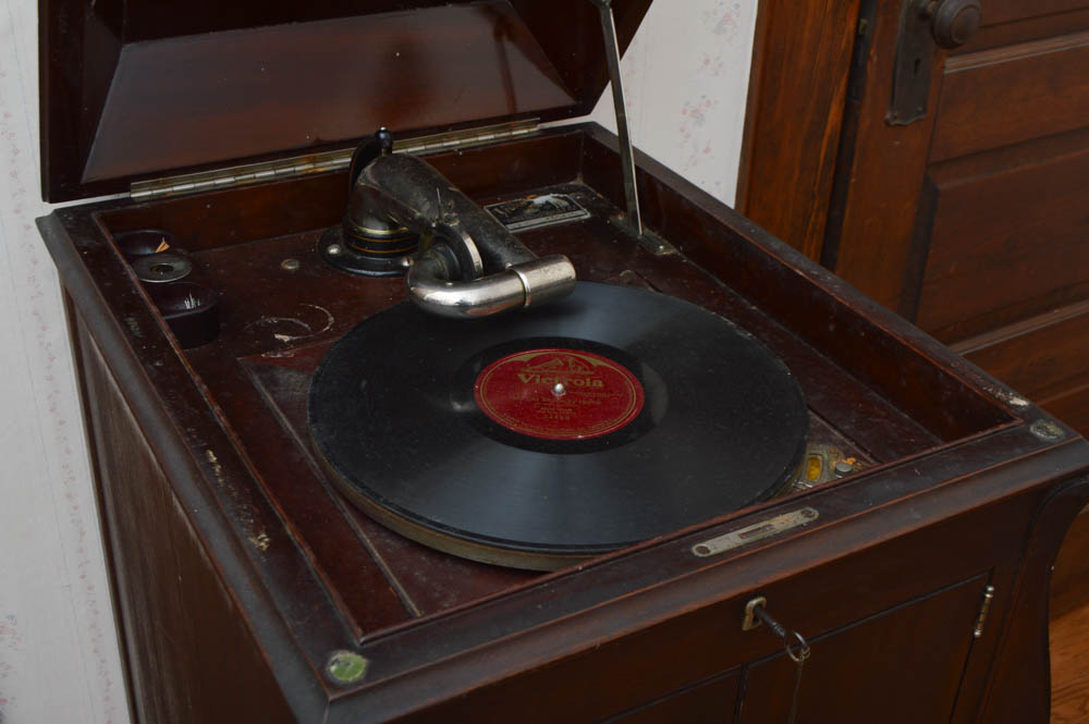 Early Victrola Record Player with Crank and a Box of Antique Albums