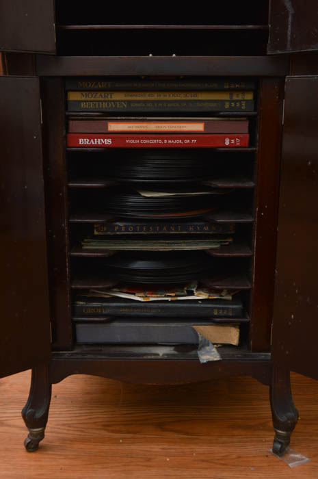 Early Victrola Record Player with Crank and a Box of Antique Albums