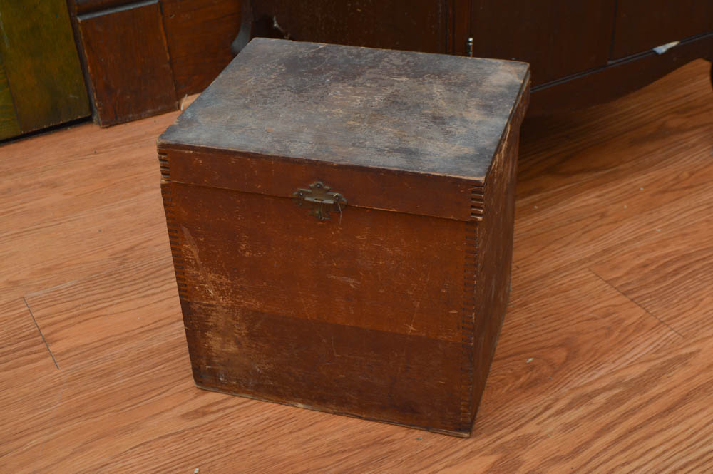 Early Victrola Record Player with Crank and a Box of Antique Albums