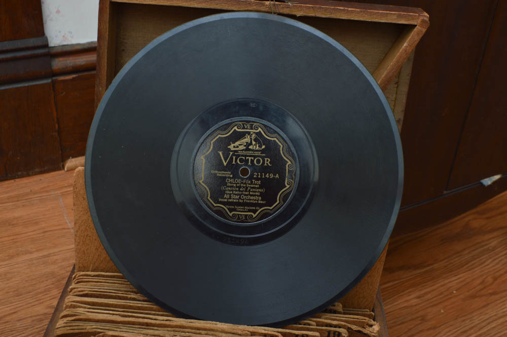 Early Victrola Record Player with Crank and a Box of Antique Albums