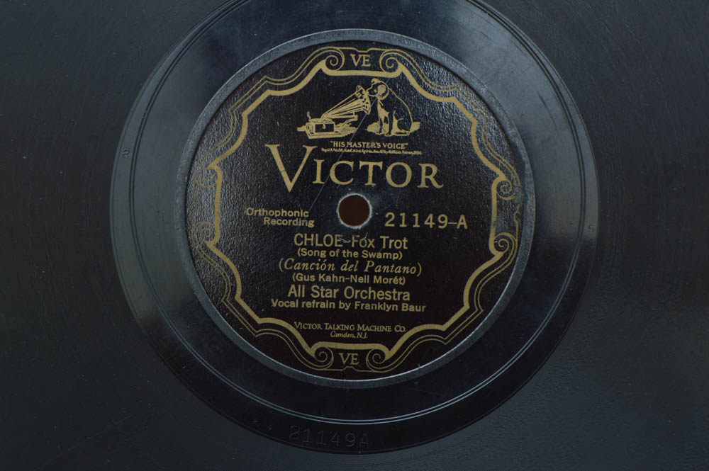 Early Victrola Record Player with Crank and a Box of Antique Albums