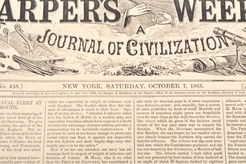 Four Issues of "Harper's Weekly" Newspapers from 1865