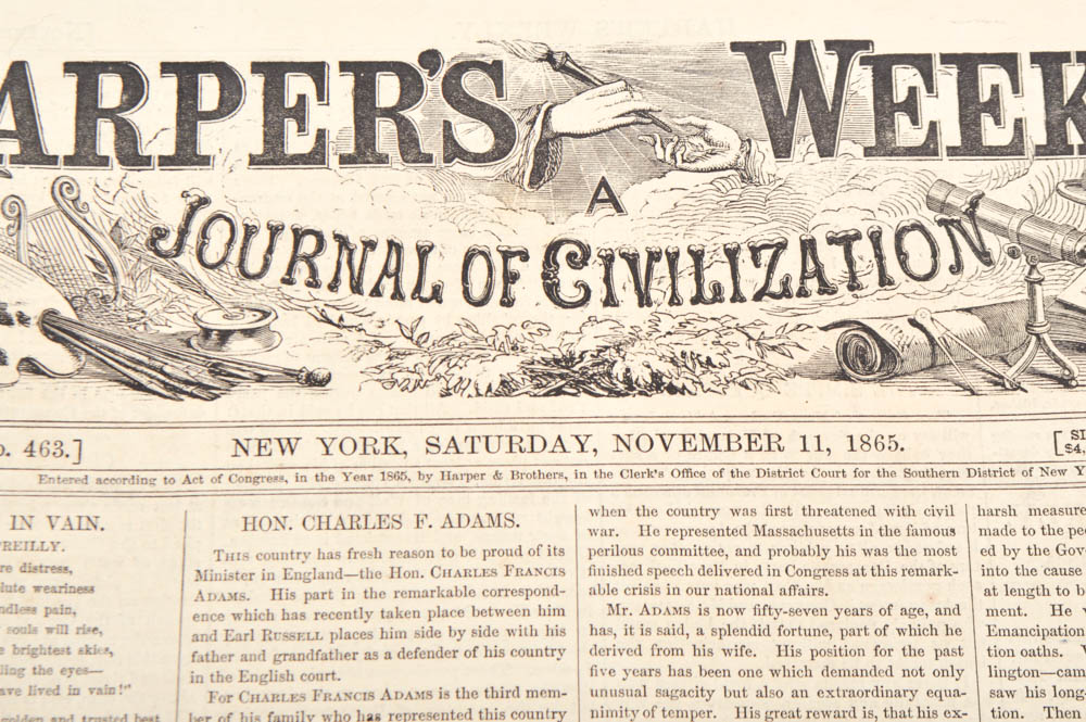 Four Issues of "Harper's Weekly" Newspapers from 1865