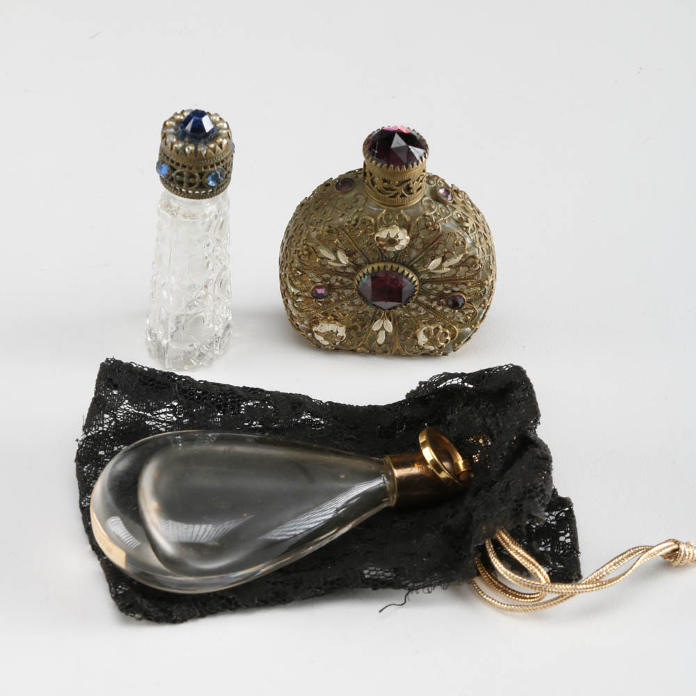 Circa 1930s Miniature Perfume Bottles Featuring Czechoslovakian Filigree