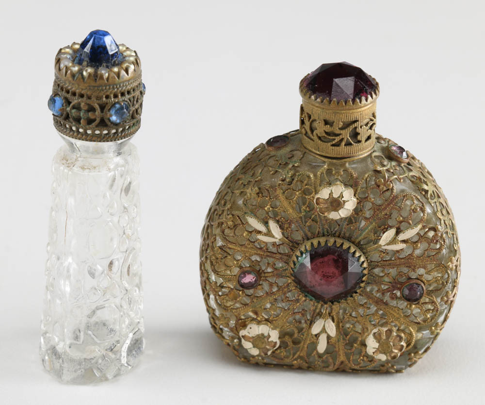 Circa 1930s Miniature Perfume Bottles Featuring Czechoslovakian Filigree