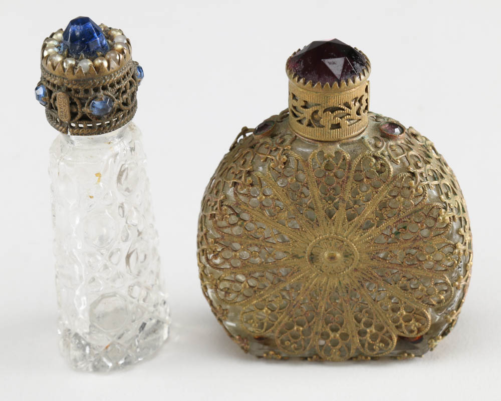Circa 1930s Miniature Perfume Bottles Featuring Czechoslovakian Filigree