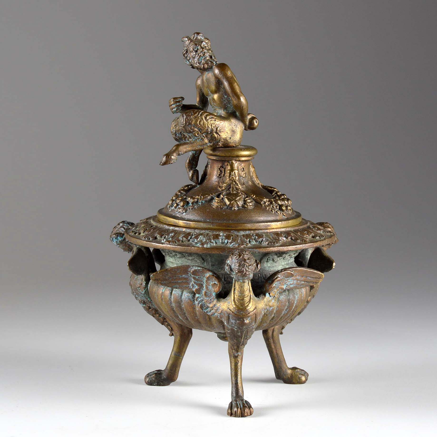 Antique Brass Satyr with Harpies Inkwell
