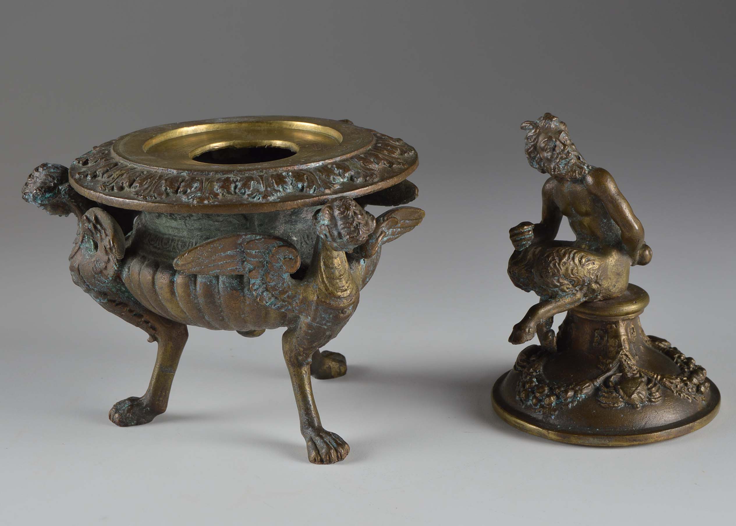 Antique Brass Satyr with Harpies Inkwell
