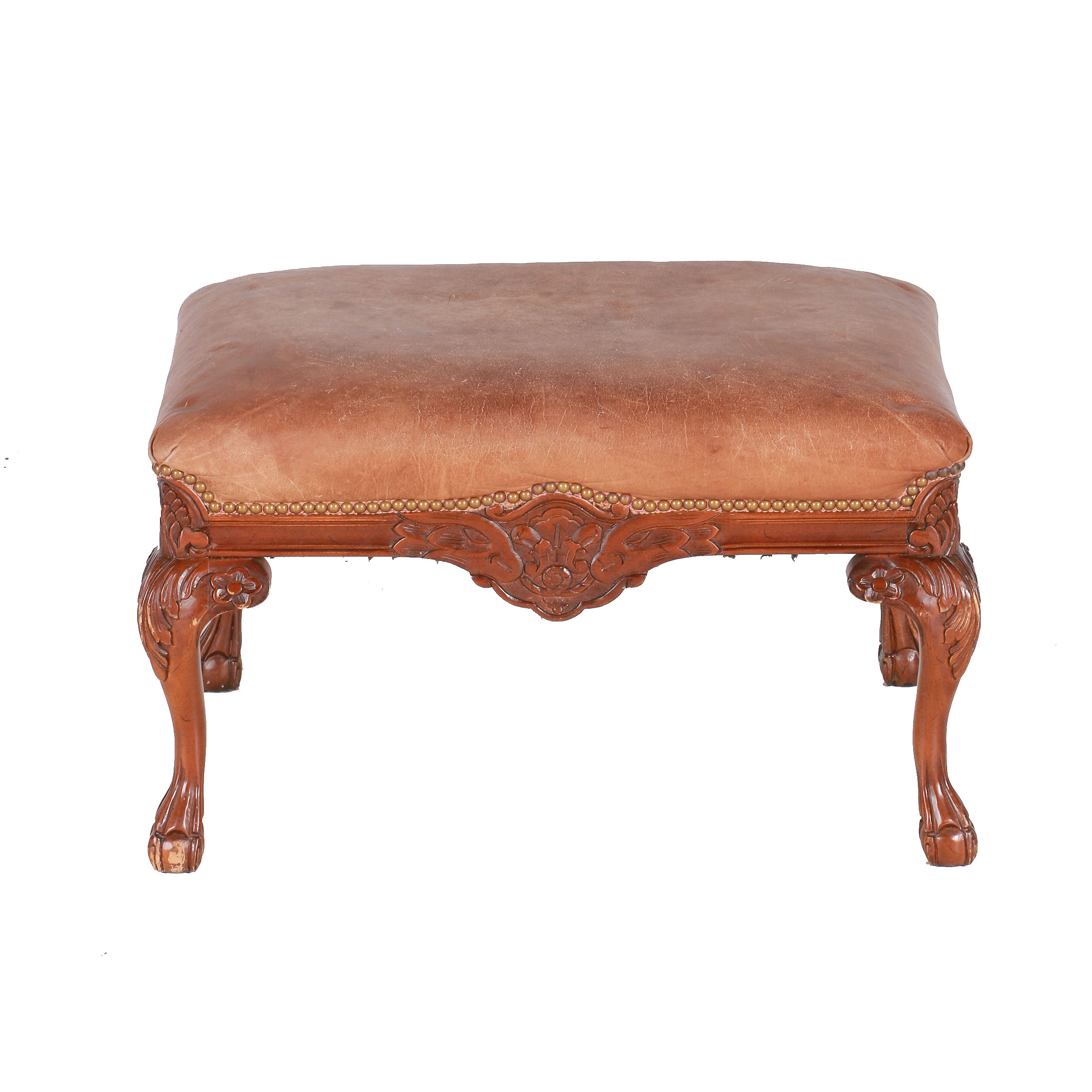 Chippendale Style Tan Leather Ottoman
