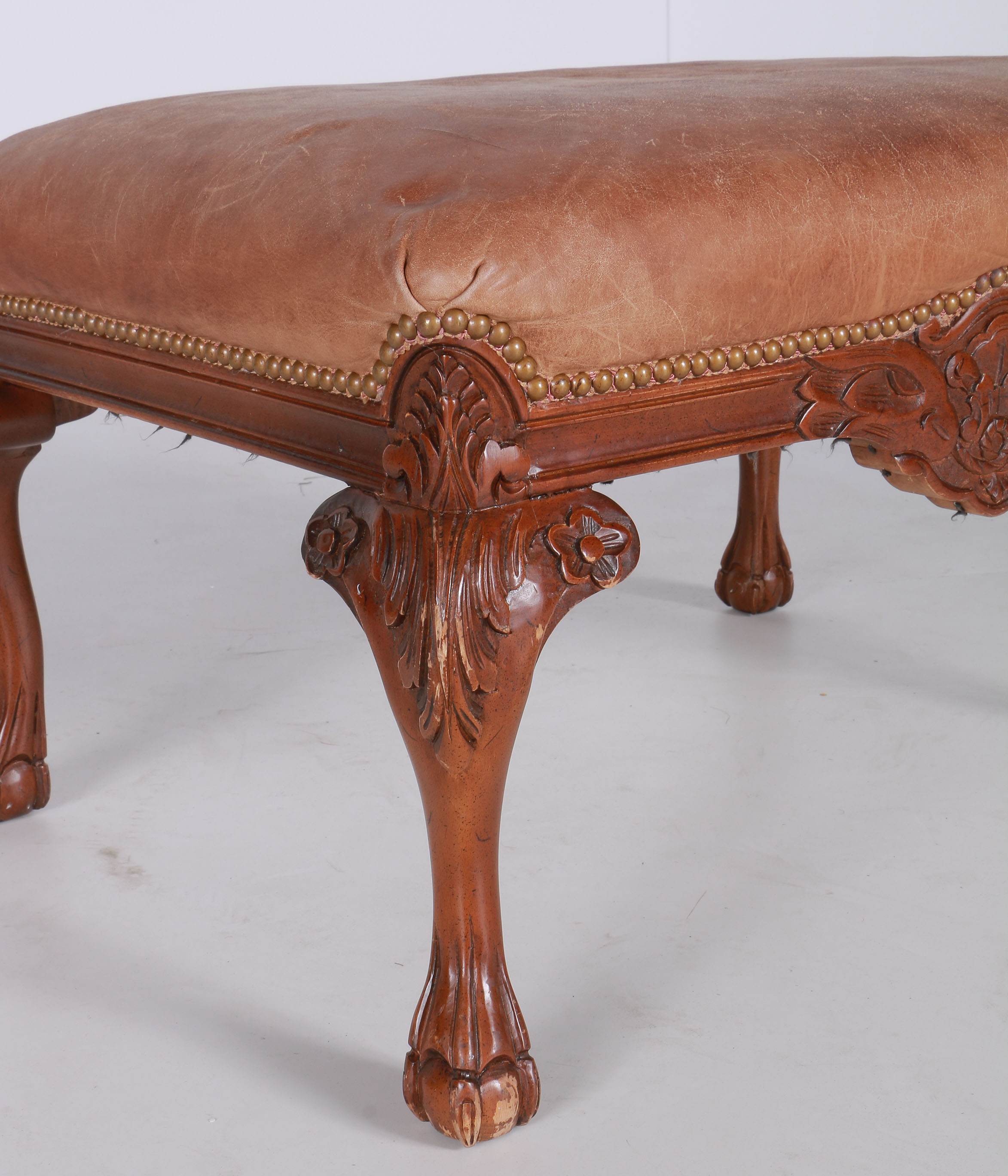 Chippendale Style Tan Leather Ottoman
