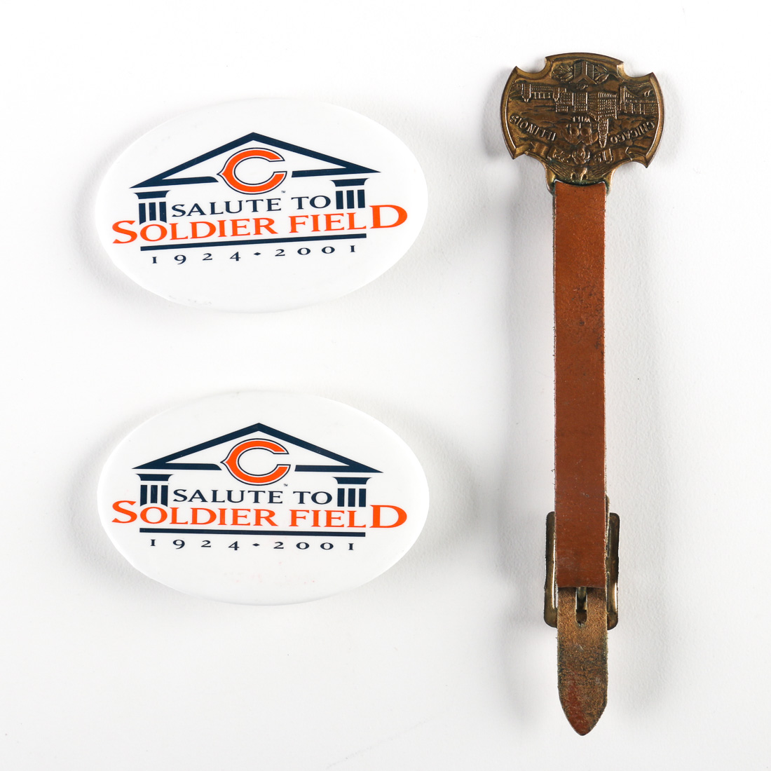 Pair of Chicago Bears Soldier Field Pins and Metal Bracelet