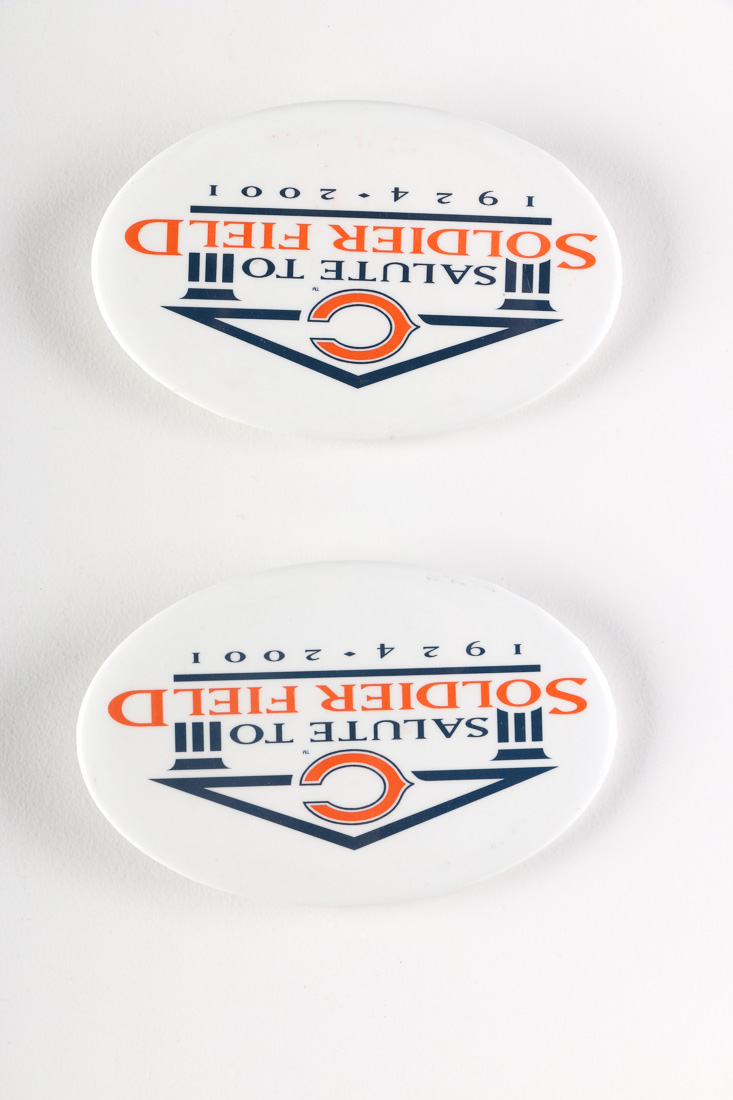 Pair of Chicago Bears Soldier Field Pins and Metal Bracelet