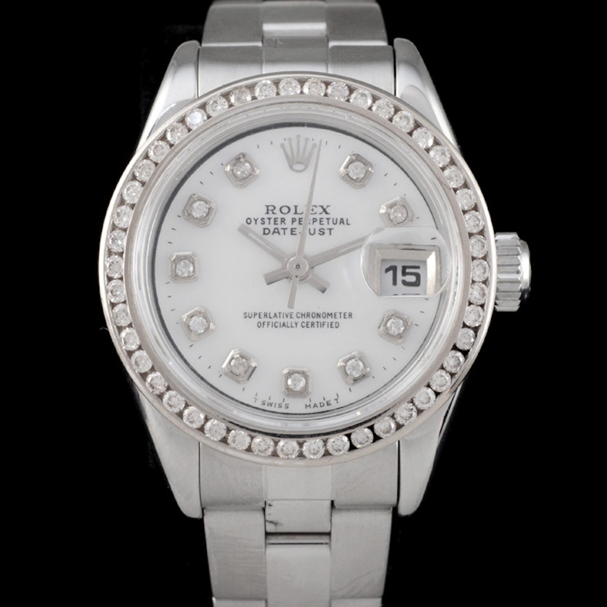 Women's Rolex Perpetual Date Steel Diamond Dial and Bezel Automatic Wristwatch