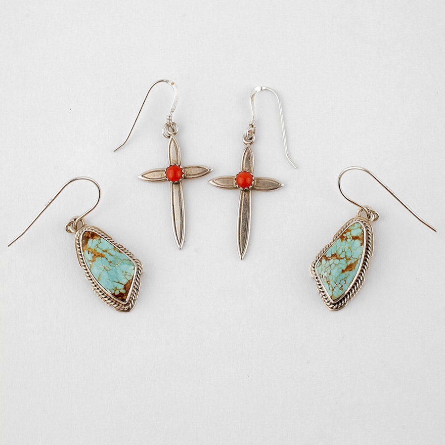 Two sets of Sterling Silver Earrings with Turquoise and Coral Stones