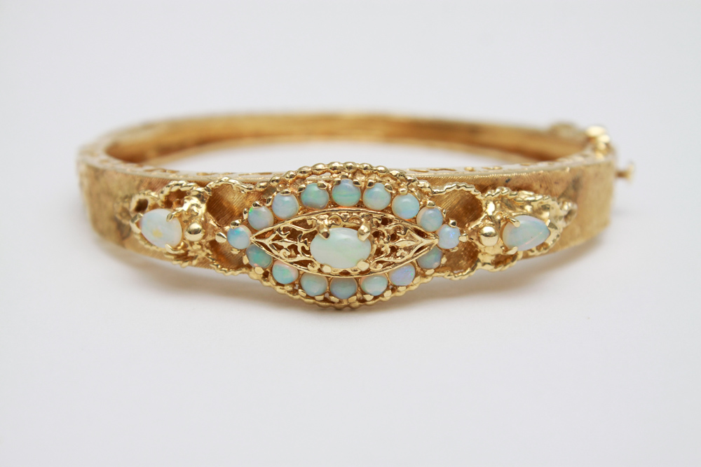 14K Gold Opal Hinged Bangle Bracelet and Ring