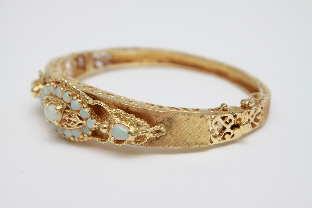 14K Gold Opal Hinged Bangle Bracelet and Ring