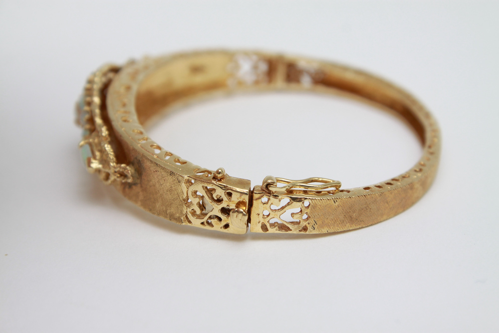 14K Gold Opal Hinged Bangle Bracelet and Ring