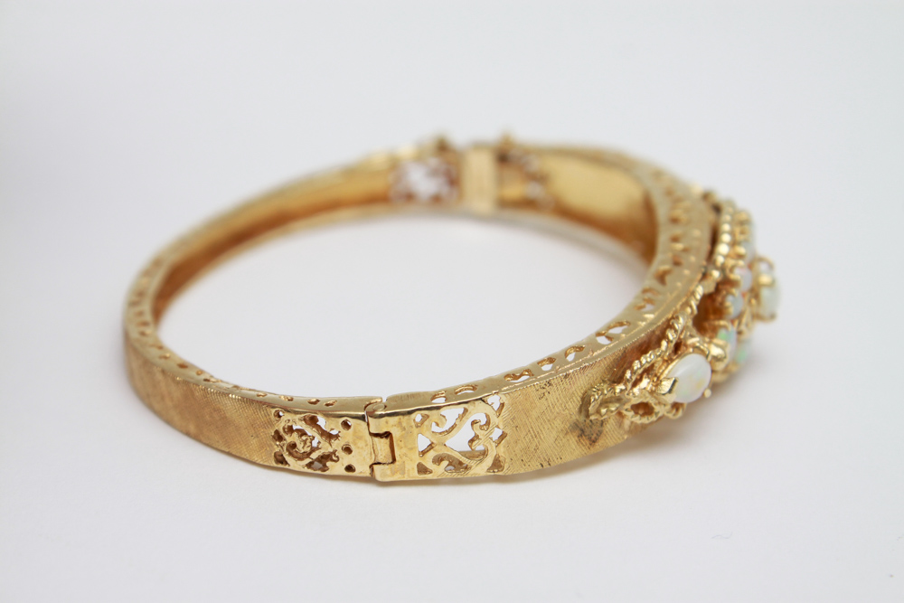 14K Gold Opal Hinged Bangle Bracelet and Ring