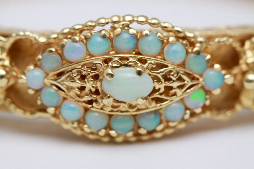 14K Gold Opal Hinged Bangle Bracelet and Ring