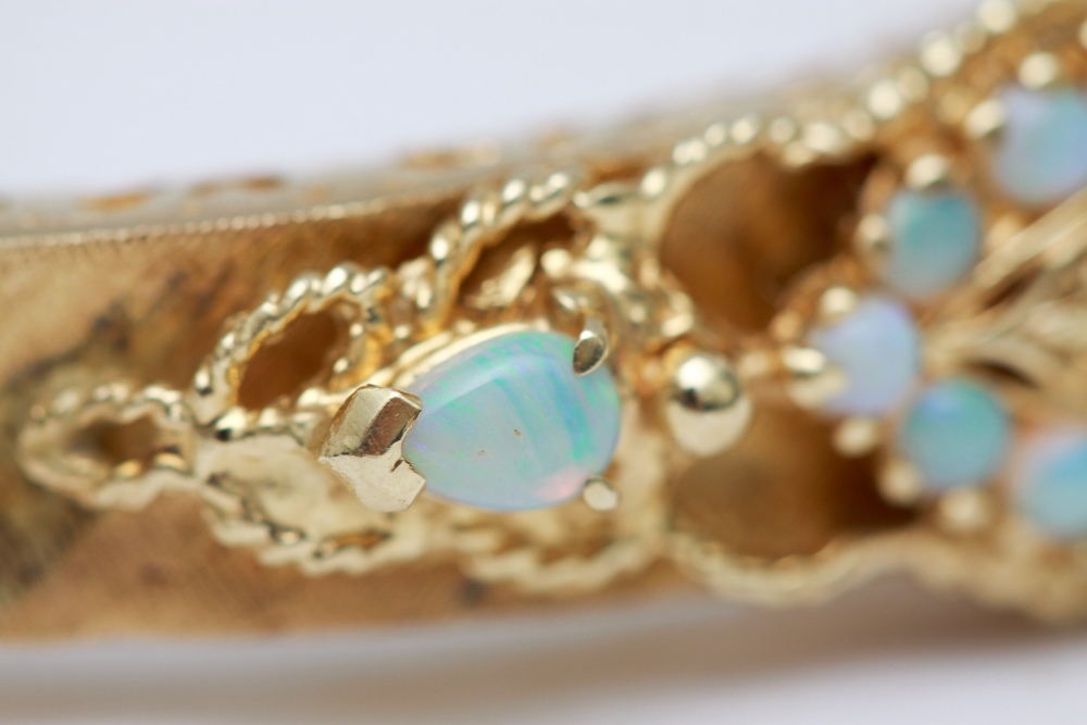 14K Gold Opal Hinged Bangle Bracelet and Ring