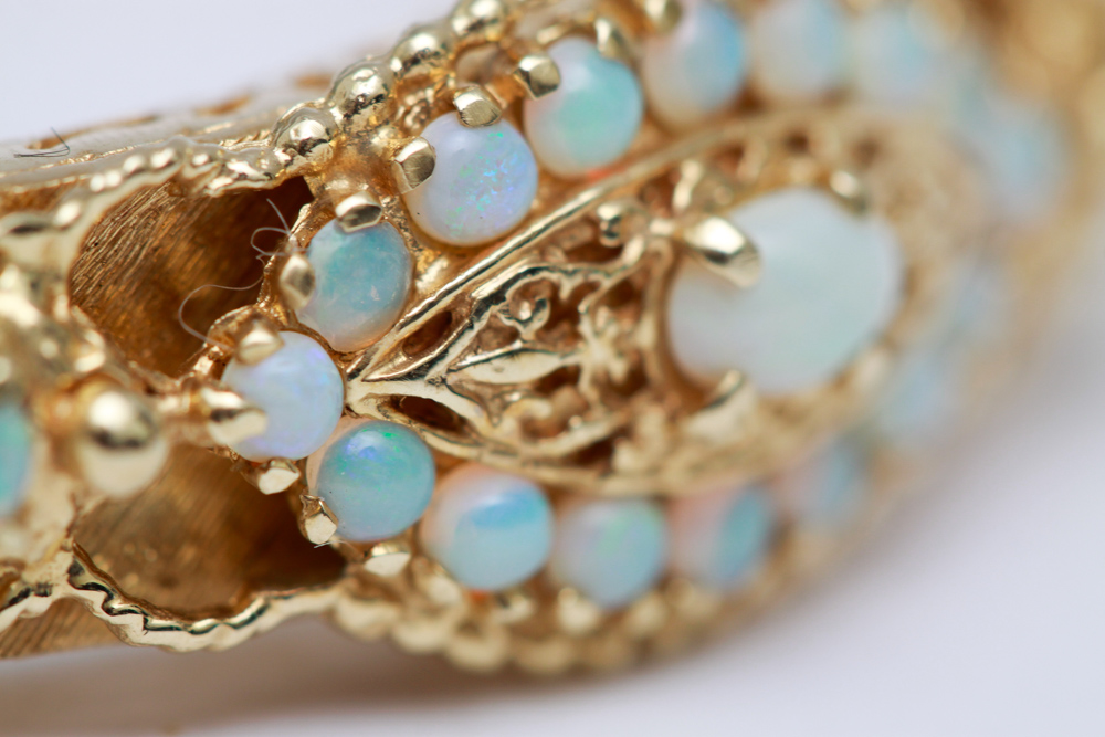 14K Gold Opal Hinged Bangle Bracelet and Ring
