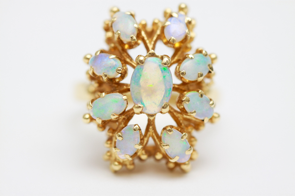 14K Gold Opal Hinged Bangle Bracelet and Ring