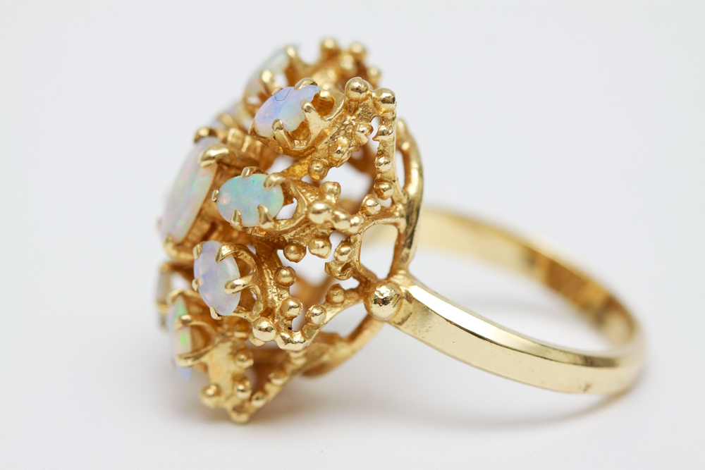 14K Gold Opal Hinged Bangle Bracelet and Ring