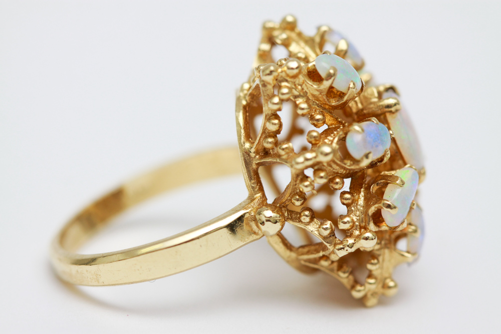 14K Gold Opal Hinged Bangle Bracelet and Ring