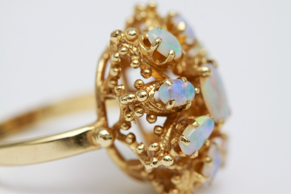 14K Gold Opal Hinged Bangle Bracelet and Ring
