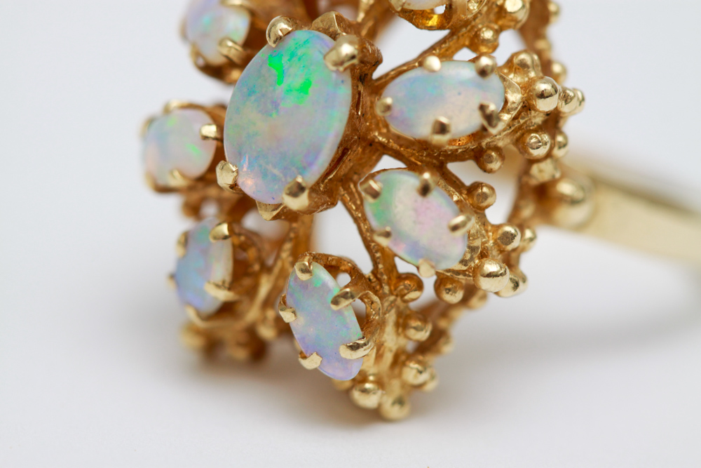 14K Gold Opal Hinged Bangle Bracelet and Ring