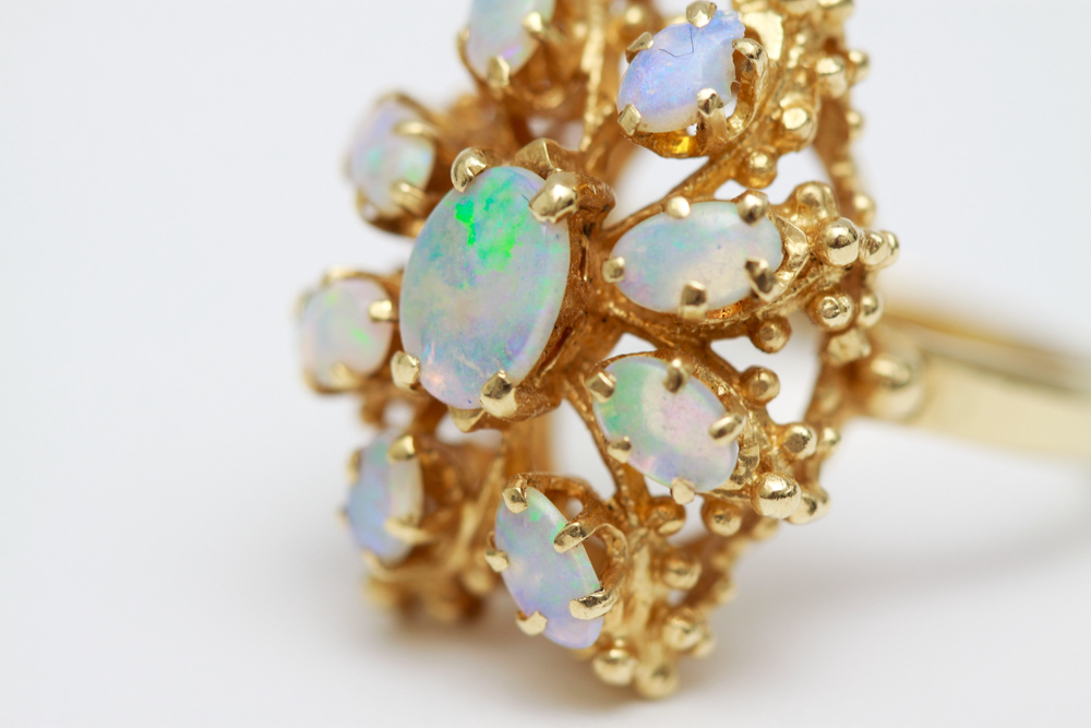 14K Gold Opal Hinged Bangle Bracelet and Ring