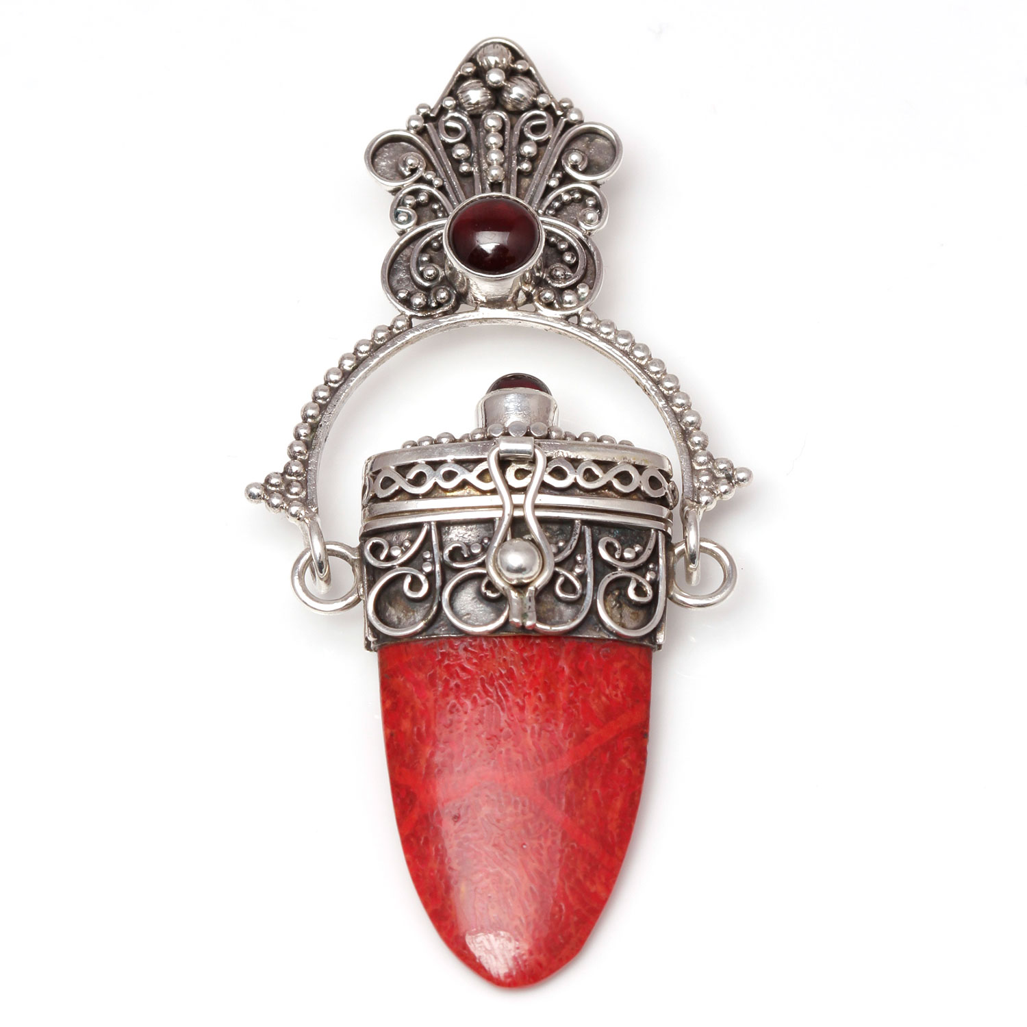 Sterling Silver Coral and Garnet Poison Pendant