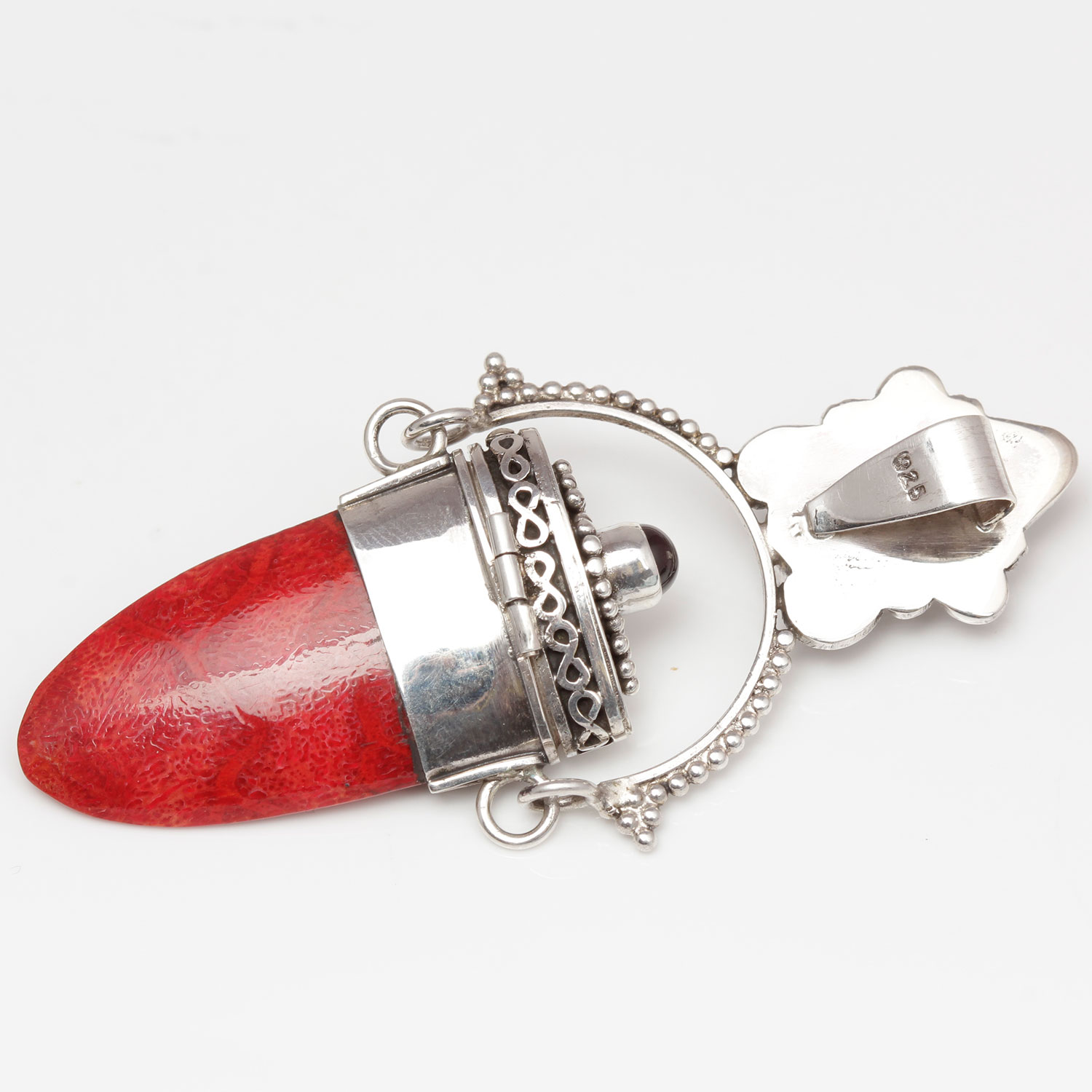 Sterling Silver Coral and Garnet Poison Pendant
