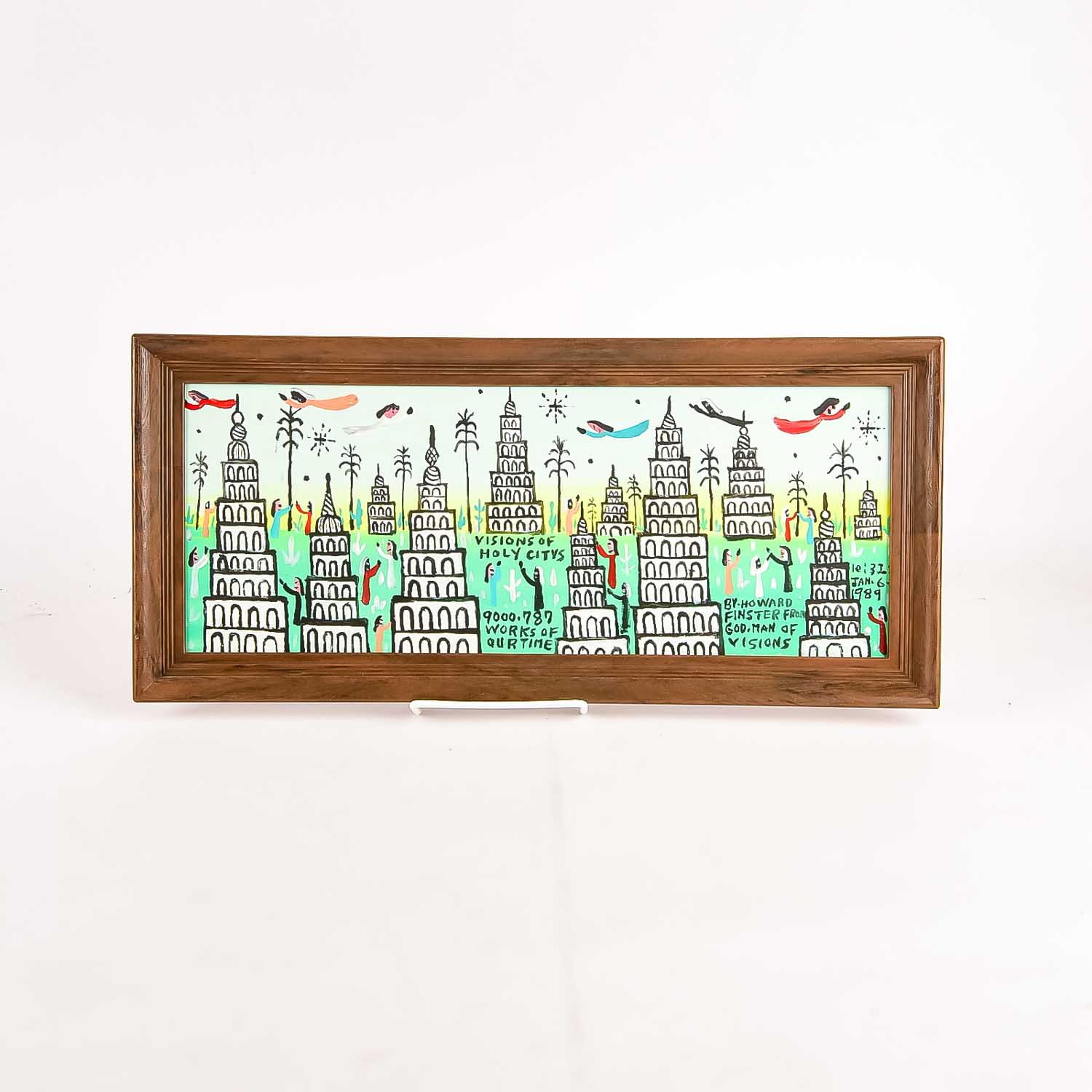 Howard Finster Folk Art Oil Painting on Board "Vision of Holy Citys"