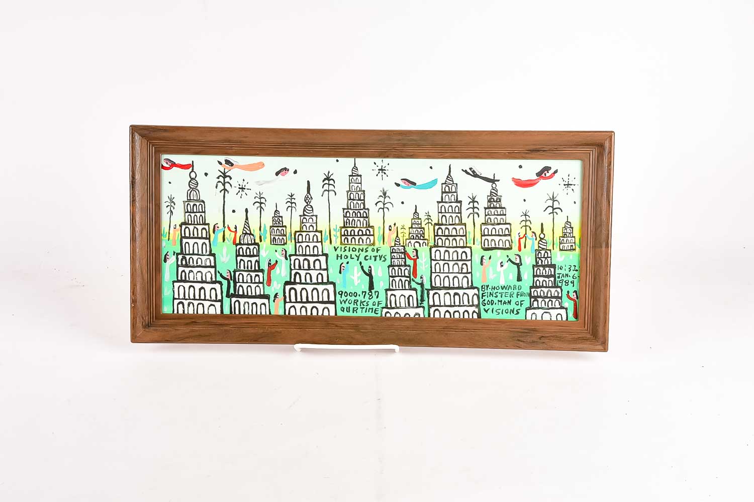 Howard Finster Folk Art Oil Painting on Board "Vision of Holy Citys"