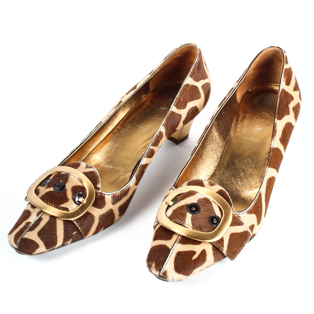 Pair of Vintage Giraffe Print Prada Cow Hide Shoes