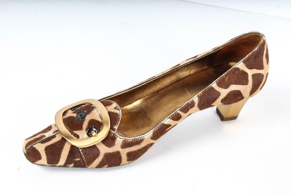Pair of Vintage Giraffe Print Prada Cow Hide Shoes