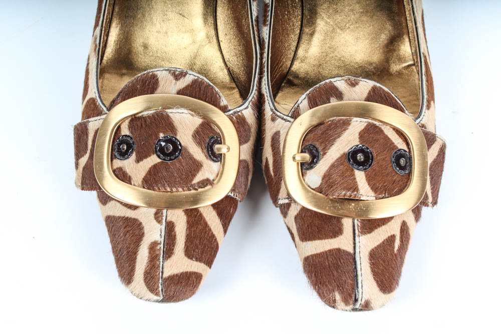 Pair of Vintage Giraffe Print Prada Cow Hide Shoes