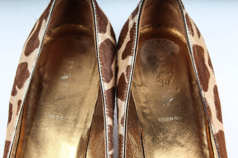 Pair of Vintage Giraffe Print Prada Cow Hide Shoes