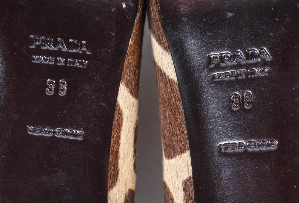Pair of Vintage Giraffe Print Prada Cow Hide Shoes