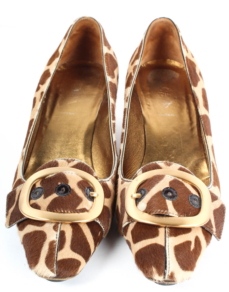 Pair of Vintage Giraffe Print Prada Cow Hide Shoes