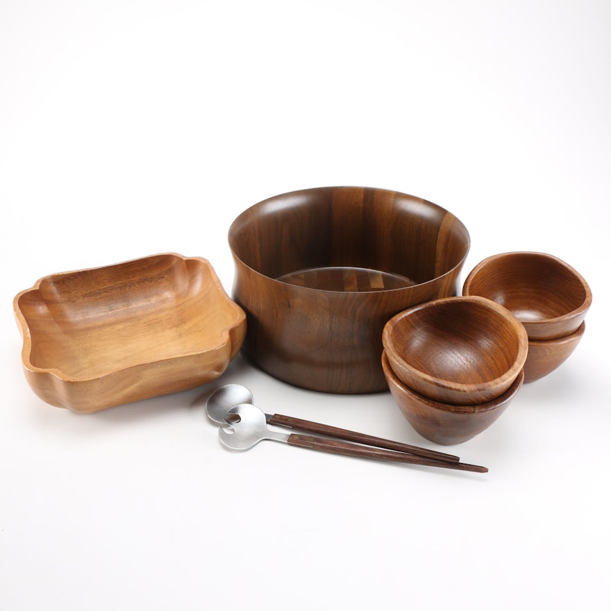 Group of Wooden Bowls with Serving Utensils