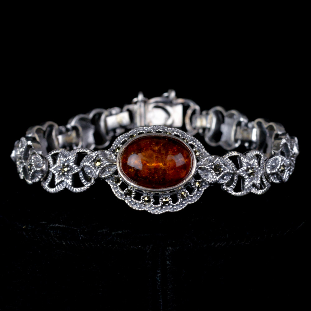 Sterling Silver Amber and Marcasite Bracelet