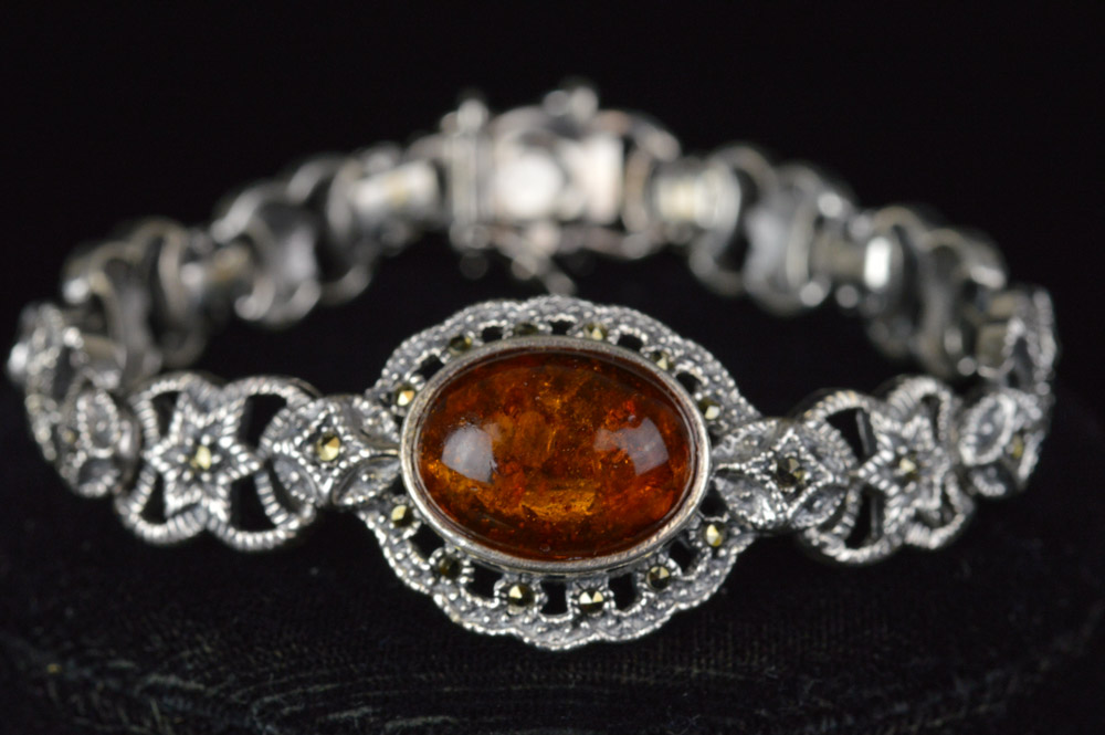 Sterling Silver Amber and Marcasite Bracelet
