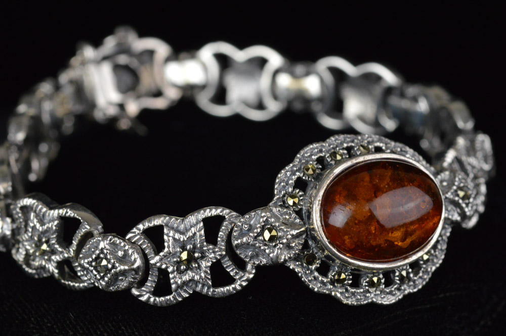Sterling Silver Amber and Marcasite Bracelet