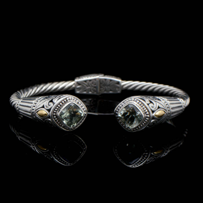 Robert Manse Sterling Silver, 18K Gold and Praseolite Bangle Bracelet