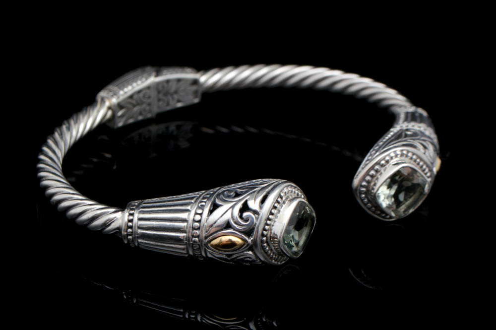 Robert Manse Sterling Silver, 18K Gold and Praseolite Bangle Bracelet