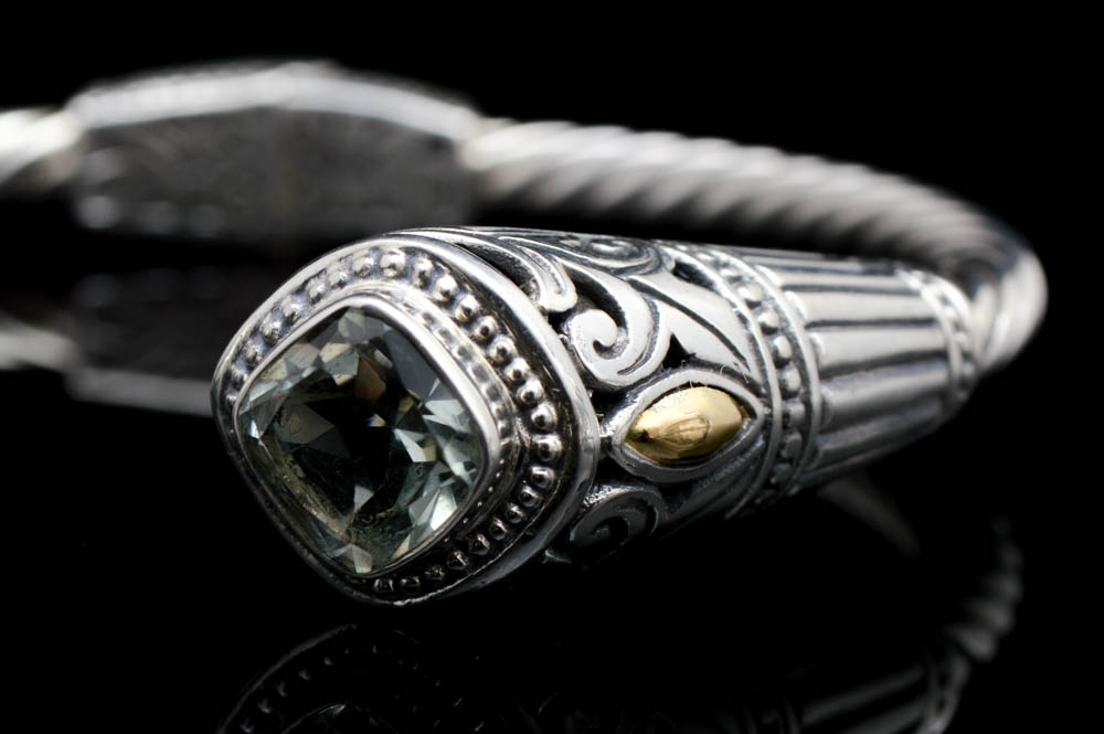 Robert Manse Sterling Silver, 18K Gold and Praseolite Bangle Bracelet